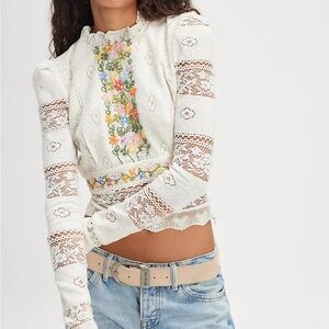 Free People Garden Grace Top Large Ivory Combo New Embroidered Lace Floral
